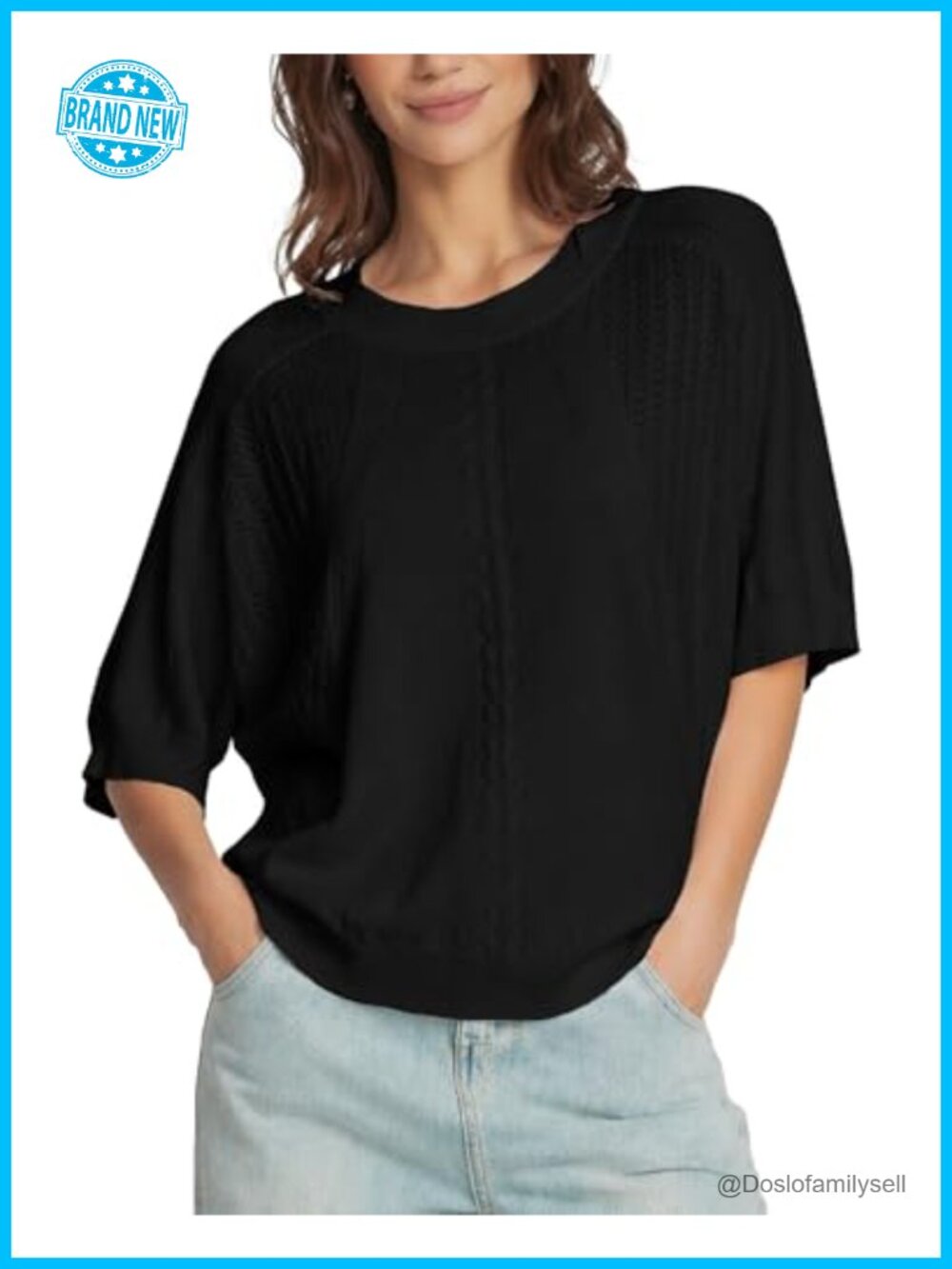 Womens Crochet Knit Batwing Short Sleeve Sweater Loose Fit Pullover